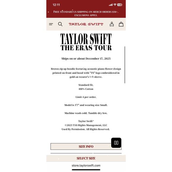 SHIPS IN 24 HRS Taylor Swift Acoustic Piano Eras Tour Hoodie Zip Up LARGE - Picture 4 of 5